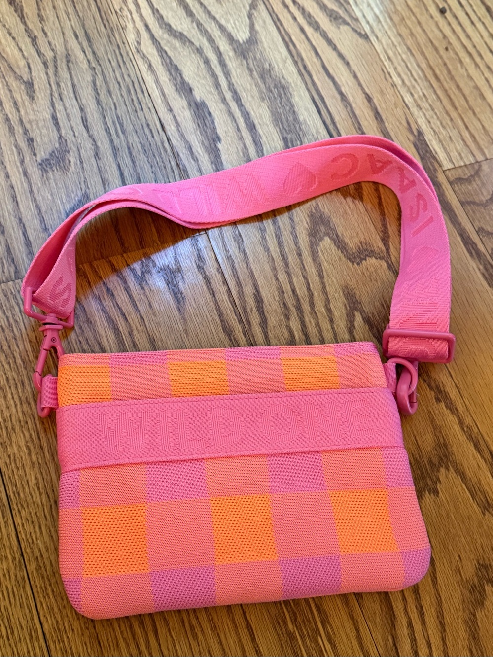 Wild One x Isaac Mizrahi Hot Pink Orange Checkered Crossbody Bag dog treat pouch